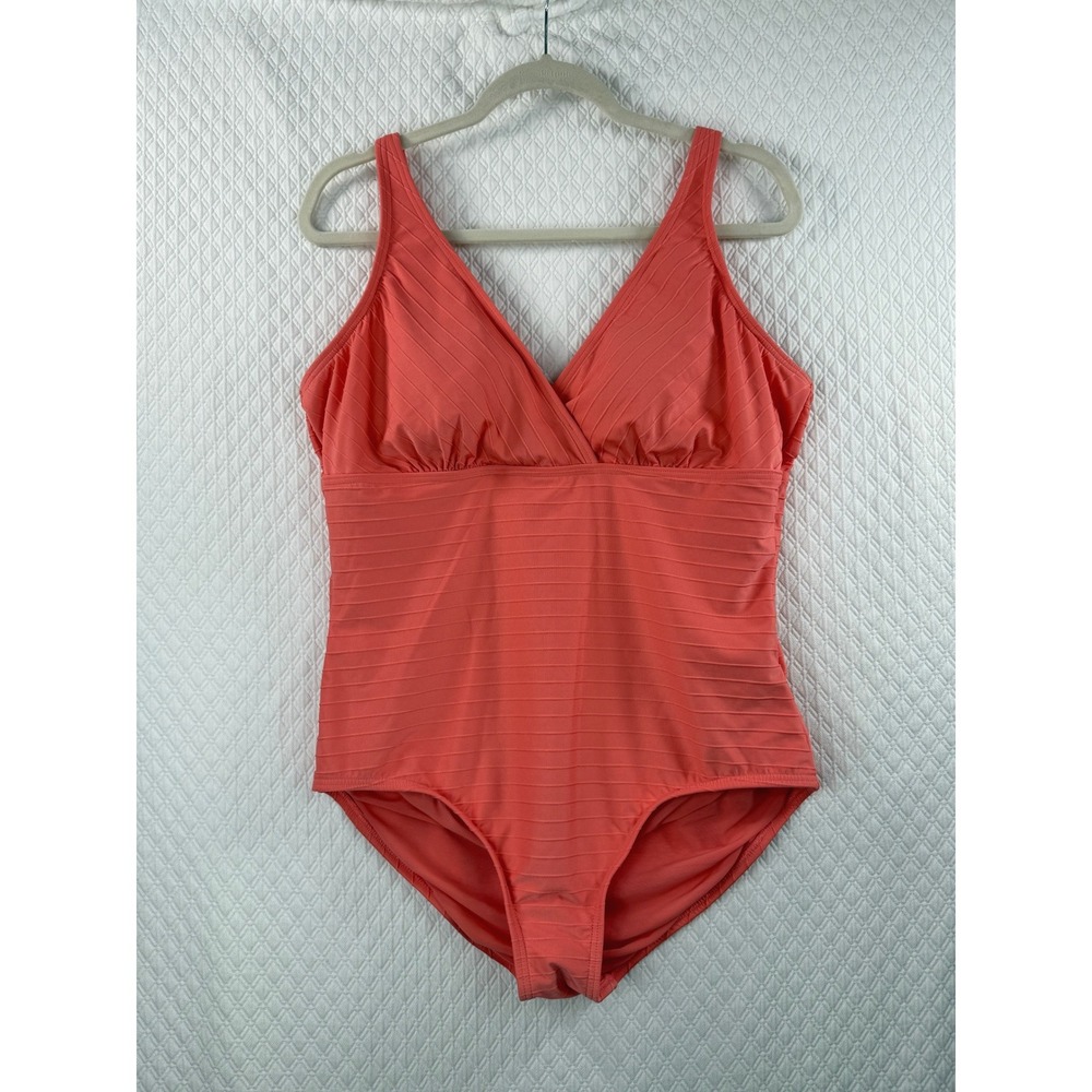 Lands End Womens XL 18 Coral Pink Ribbed Textured V-Neck One Piece Swimsuit